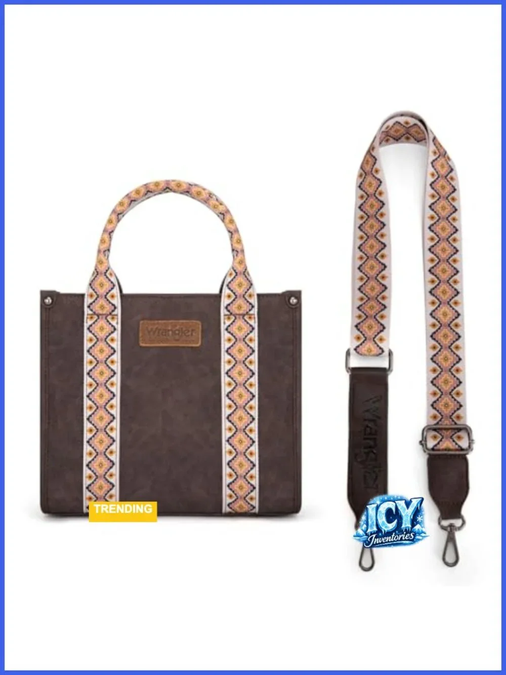 Wrangler Faux Leather Tote Satchel Crossbody Bag Aztec Woven Trim Zip Top